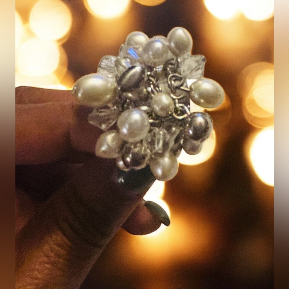 Silver tone Faux Pearl, Bead and Crystal Cluster Ring
